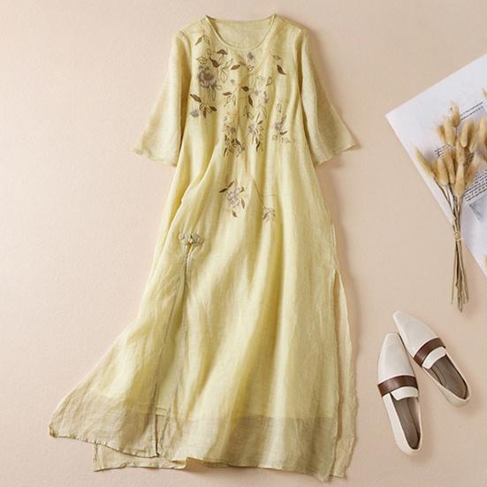Женское хлопковое льняное платье макси с цветочной вышивкой, летнее струящееся платье с круглым вырезом и короткими рукавами, повседневный сарафан в стиле бохо