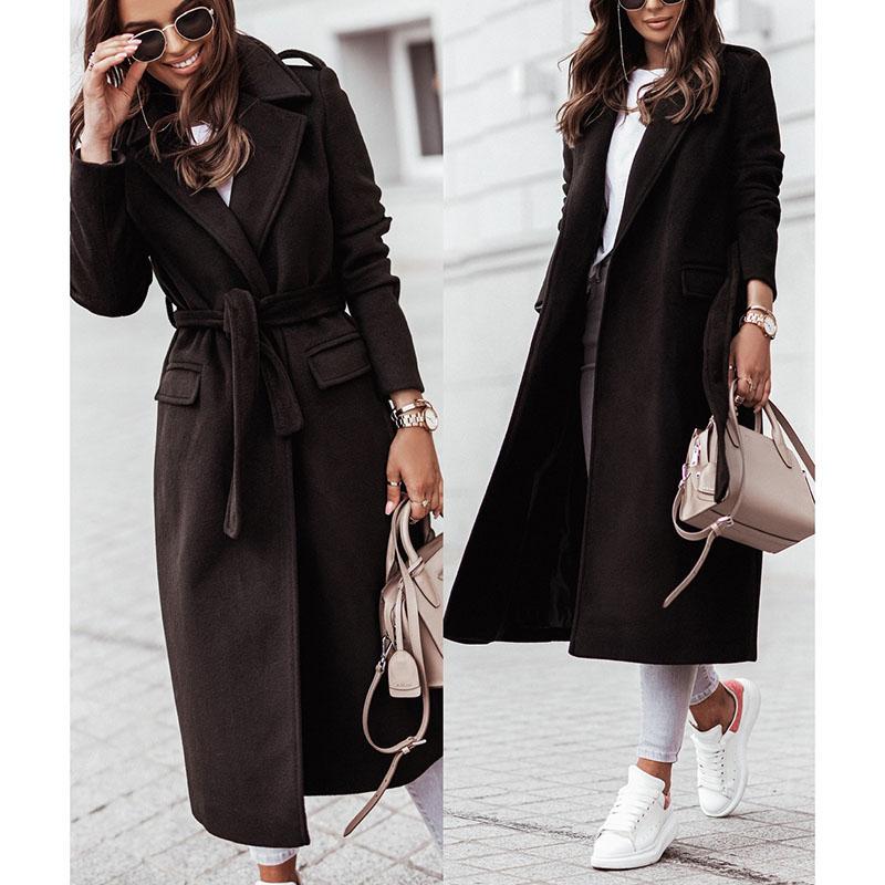 Женское элегантное длинное шерстяное пальто с поясом, однотонное, с длинным рукавом, шикарная верхняя одежда, женское, с заниженными плечами, пальто