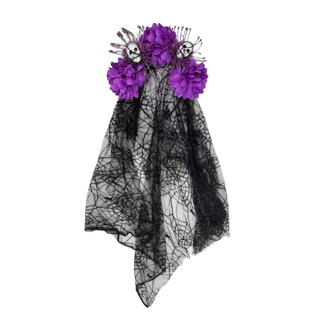 Dark Purple Skull Headband Lace Veil Gothic Hairband Stylish Skull Headwear Halloween Party