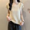 Summer Fashion Square Neck Flying Sleeve T-shirt Women's Front Shoulder Short Sleeve Knitted Top