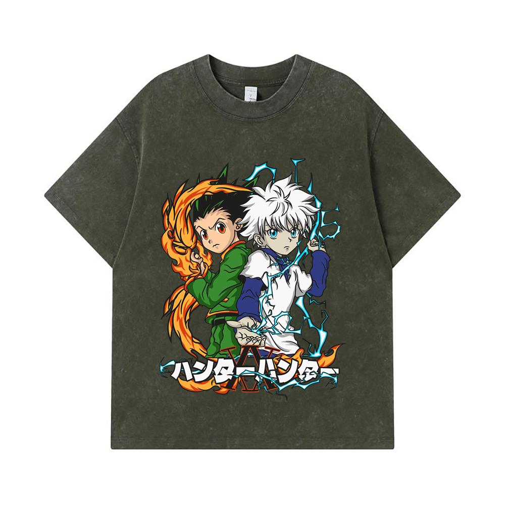 275 GSM Washed T-shirts 100% Cotton HXH V7 Gon Killua Print Unisex Heavy Cotton T Shirt