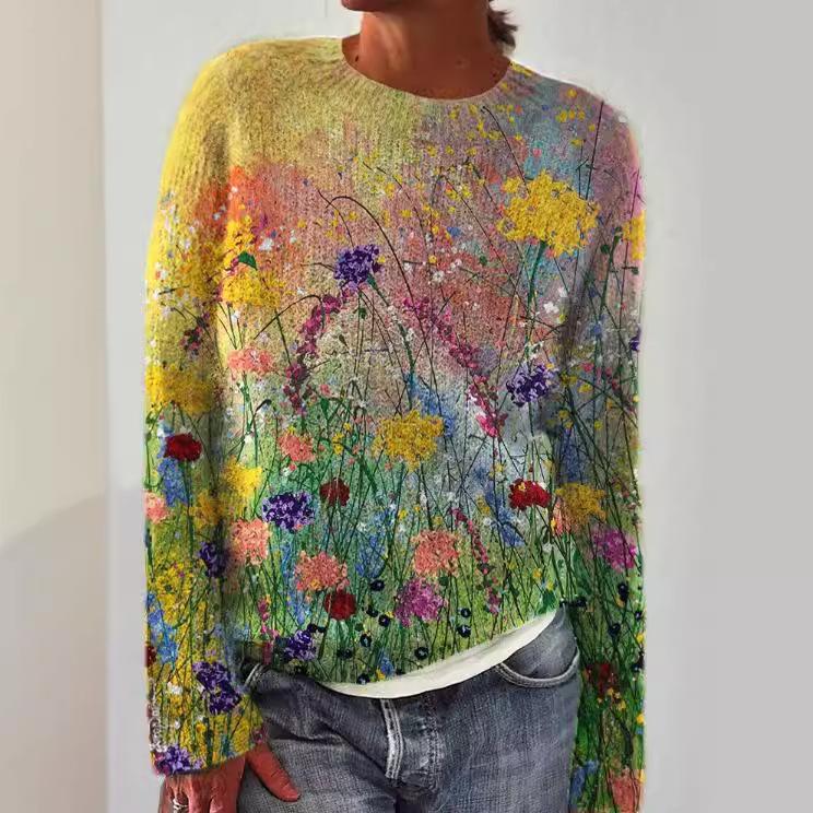 Women's Multicolor Striped Long Sleeve Round Neck Regular Fit Knit Sweater