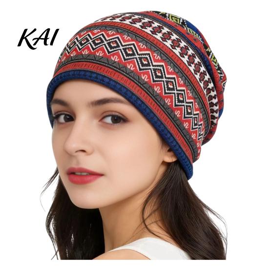 Multifunctional Scarf Hat Women's Geometry Print Slouchy Hat, Casual Soft Stretch Skull Stylish Decorative Head Accessory Cap, Warm Cancer Chemo