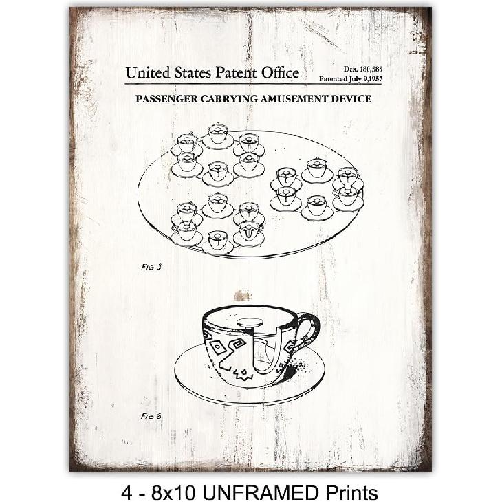 Rides Sign Patent Art Prints - Vintage Wall Art Poster Set - Rustic Home Decor for Boys, Girls, Teens, Kids Room - Gift for Mickey Fans - 8x10 Photos