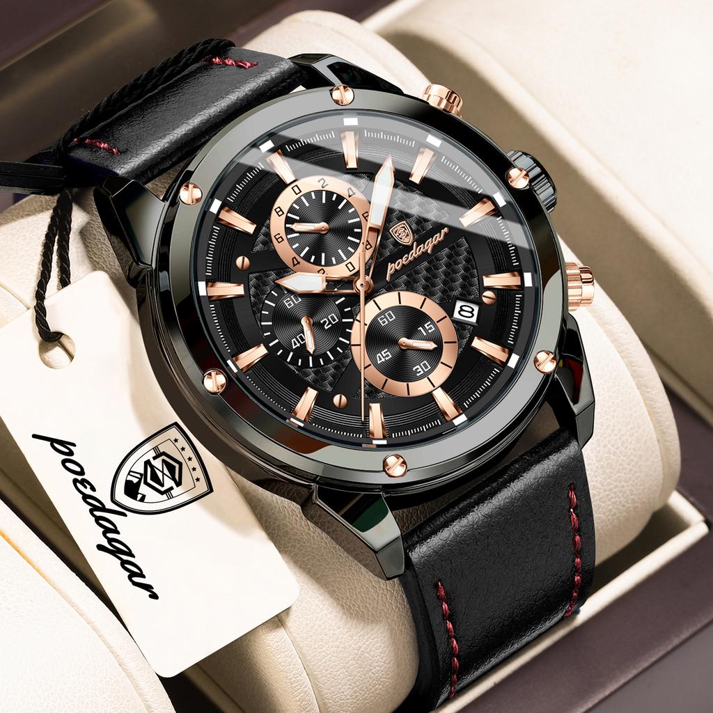 POEDAGAR High Quality Quartz Man Clock Waterproof Luminous Chronograph Date Men Wristwatch Leather Luxury Business Men's Watches