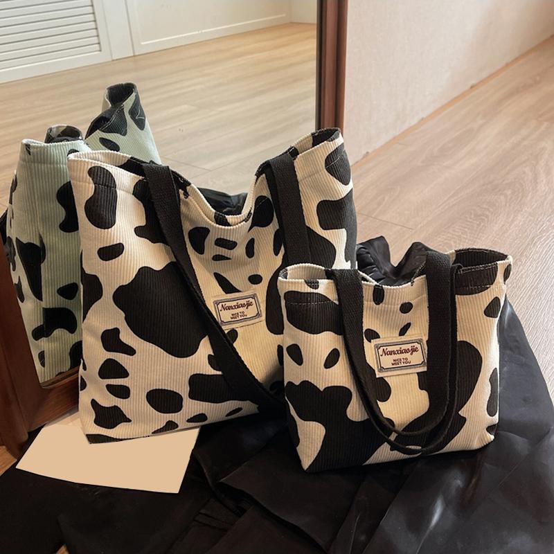 Модная вельветовая сумка-тоут с принтом коровы большой вместимости для женщин, многоразовая милая сумка через плечо для поездок на работу с молнией, складная сумка для покупок AVE