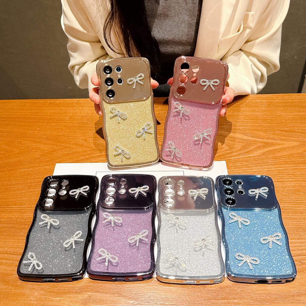 For Samsung Galaxy S24 Ultra Case Electroplated Wavy Frame Glitter TPU Phone Cover with Rhinestone Bow Decor