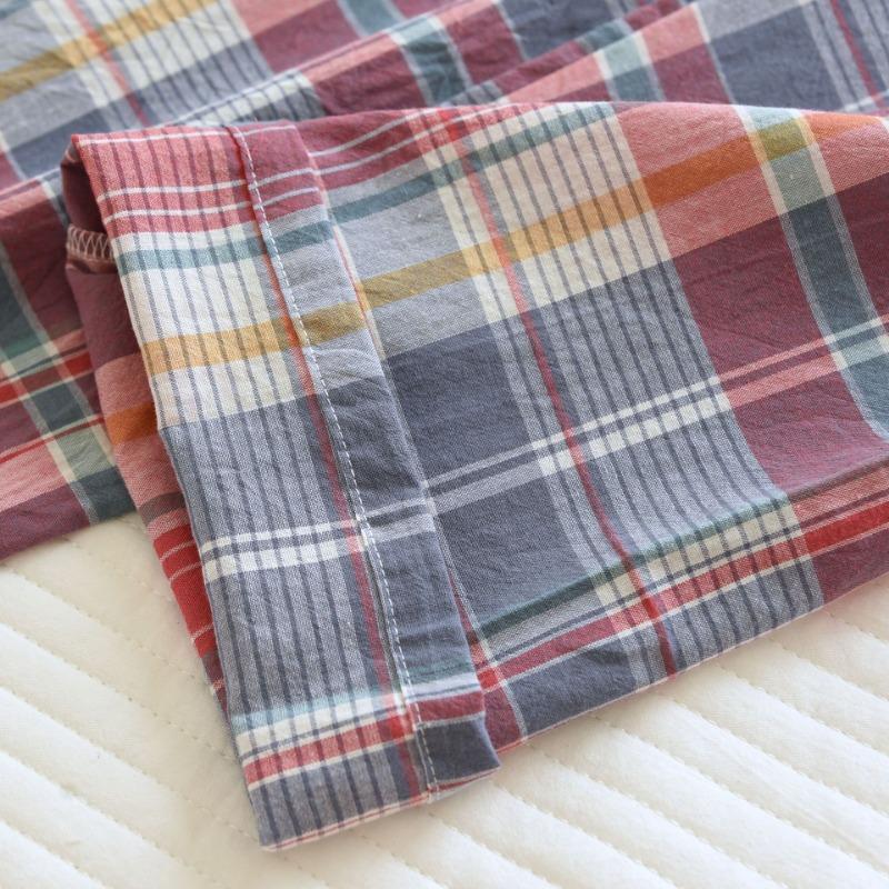 Весна / Осень Простая Пижама из стираного хлопка, женские брюки с длинными рукавами, домашняя одежда, свободный повседневный комплект из 2 предметов в клетку с лацканами