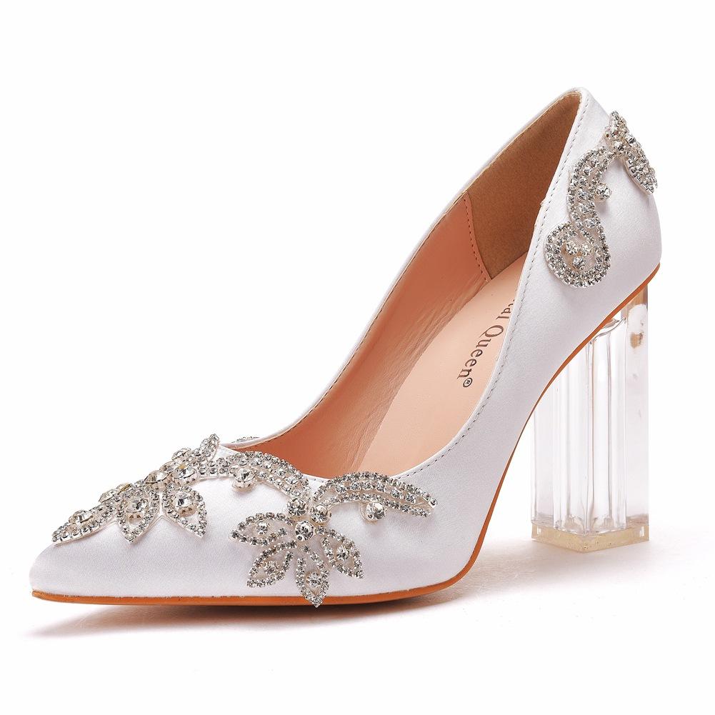7 см Кристально Прозрачные Квадратные Толстые Каблуки Однотонные Туфли Стразы Свадебные Туфли Выступление на Ежегодном Собрании Сценическое Платье Туфли для Длинной Юбки