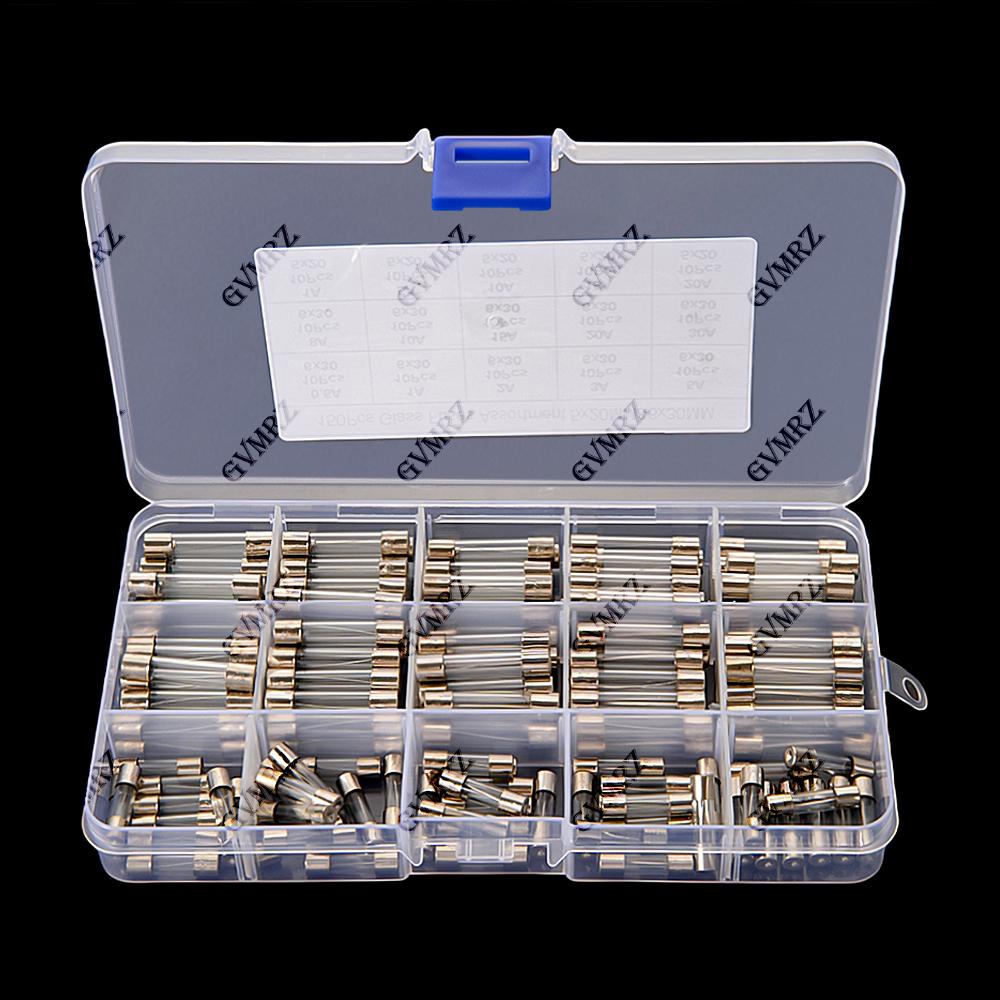 150PCS 0.25A-30A 15value 0.25A 0.5A 1A 2A 3A 5x20mm 6x30mm Glass Fuse Assorted Kit Box 5A 8A 10A 15A 20A 30A