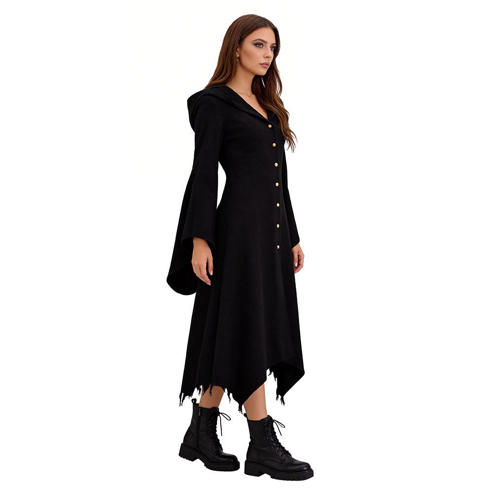 Gothic Vampire Dress for Women Halloween Cosplay Costume Vintage Hooded Renaissance Long Dress