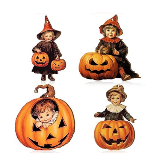 Halloween Wood Ornament for Tree Vintage Hanging Decoration Pumpkin Witch Black Cat Wooden Cutouts for Halloween Home Party Decor