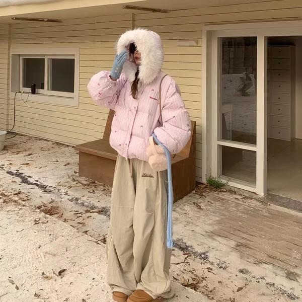 Дизайнерское полосатое пальто из хлопка с капюшоном, меховым воротником и бантом, утолщенное, для миниатюрных женщин