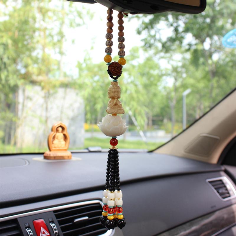 Car Pendant Wood Carved Lotus Buddha Car Rearview Mirror Pendant Decoration Auto Interior Accessories Bring Safety Luck