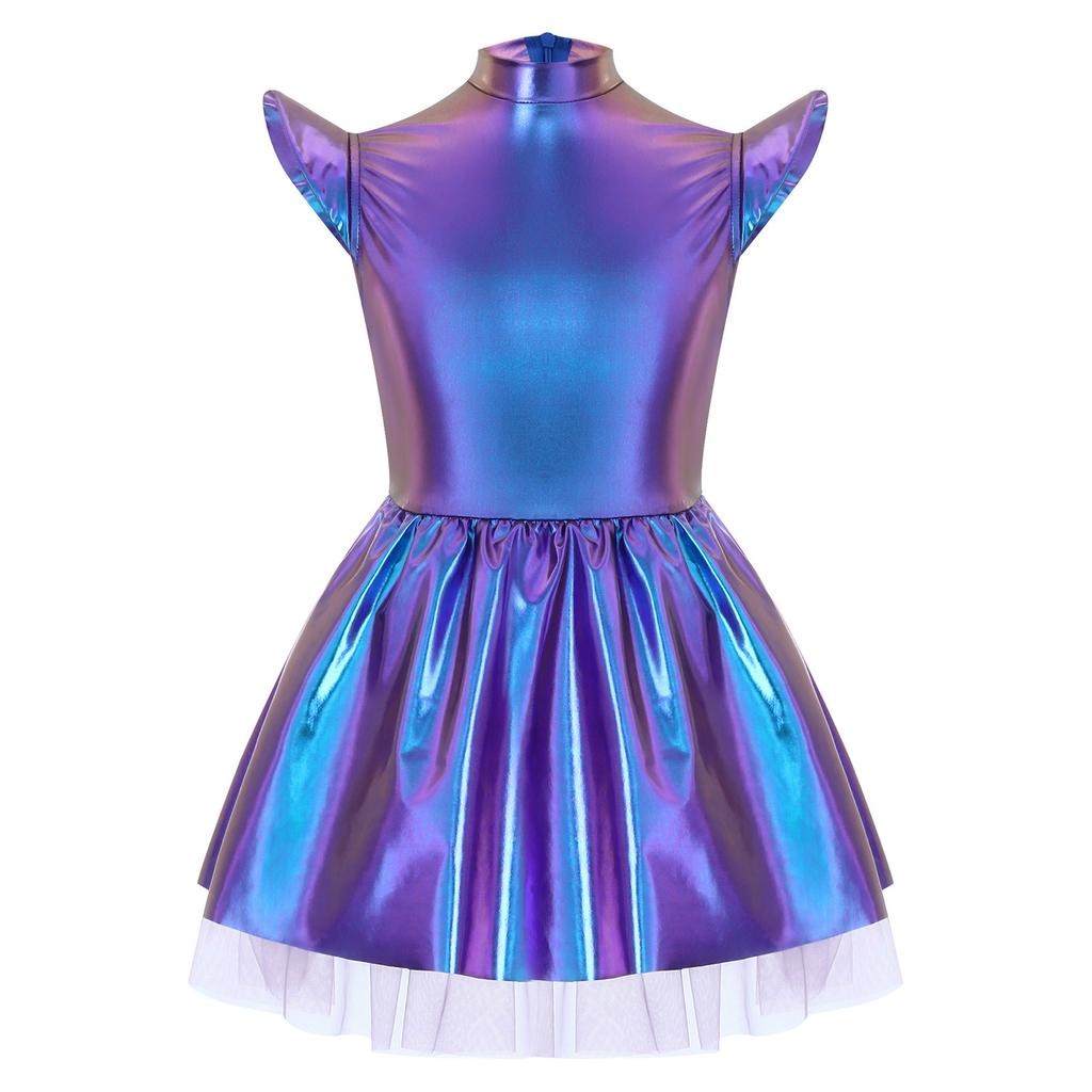 Переливающееся инопланетное платье-пачка для девочек, Блестящий костюм с воротником-стойкой, летящими рукавами и молнией на спине, Для сценических выступлений и вечеринок
