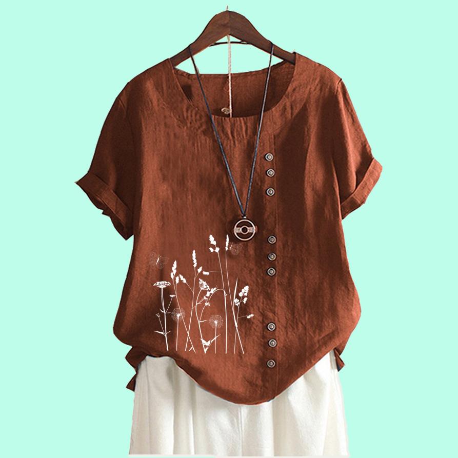 Women Casual Floral Print Loose Blouse Laides Cotton Linen Top Fashion Short Sleeve T-shirt