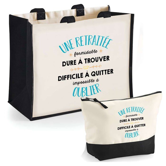 Tote bag - PLANETEE - Duo cabas jute et trousse - Jute & coton - Message «Une Retraitée Formidable» - Fabrication française