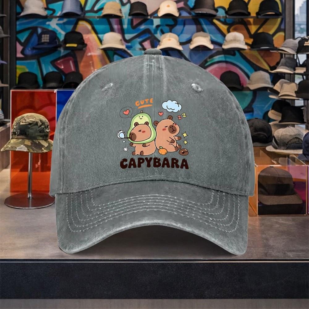 Cute Capybara Avocado Graphic Baseball Cap Unisex Washed Cotton Adjustable Vintage Outdoor Hat