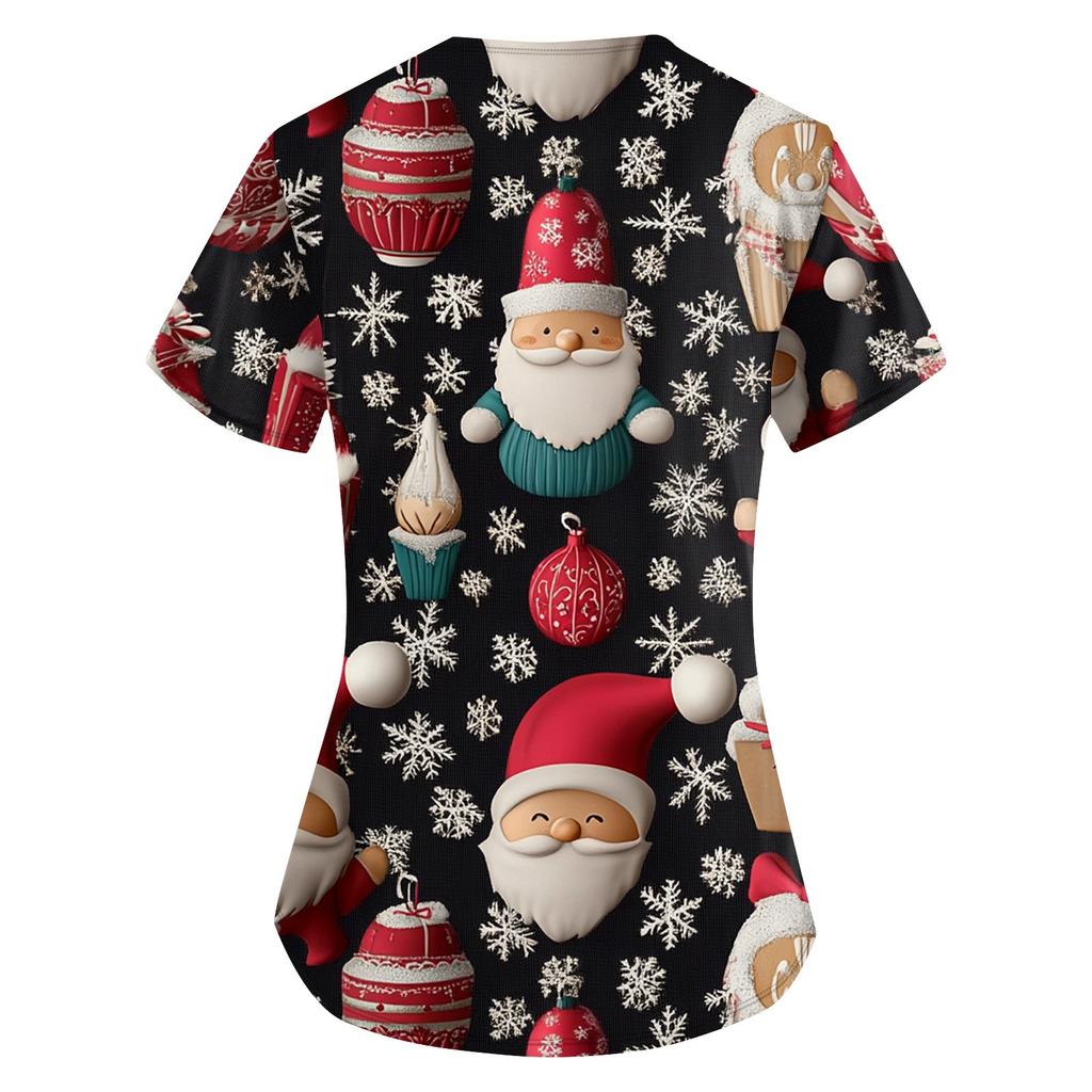 Women's Fashion V-neck Short Sleeve Workwear With Pockets Christmas Printed Tops