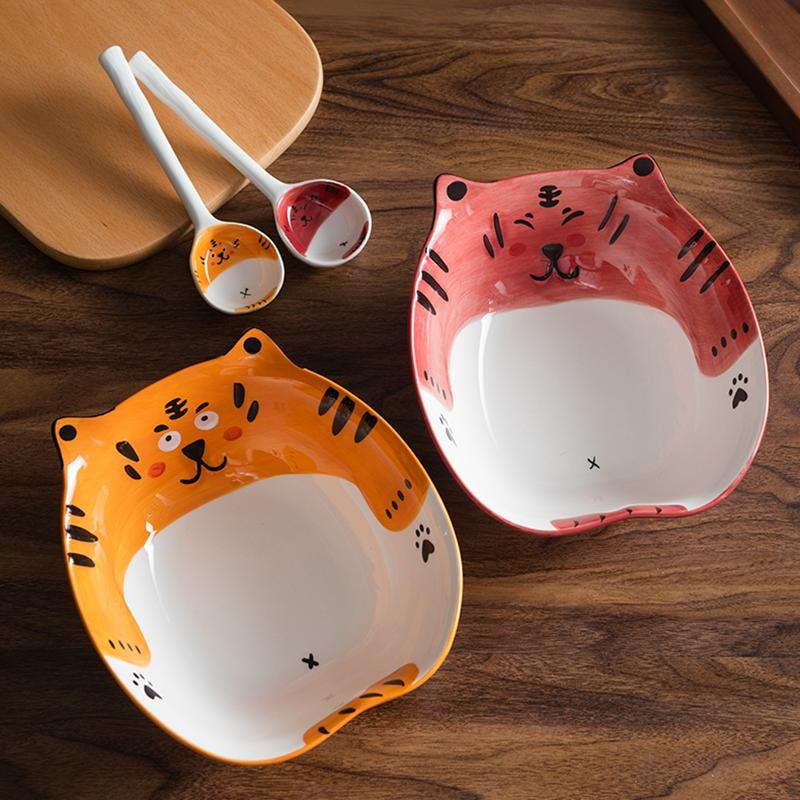 7,8-дюймовая большая миска для лапши, керамическая миска для супа рамен, миска с изображением тигра, детская ложка для микроволновой печи