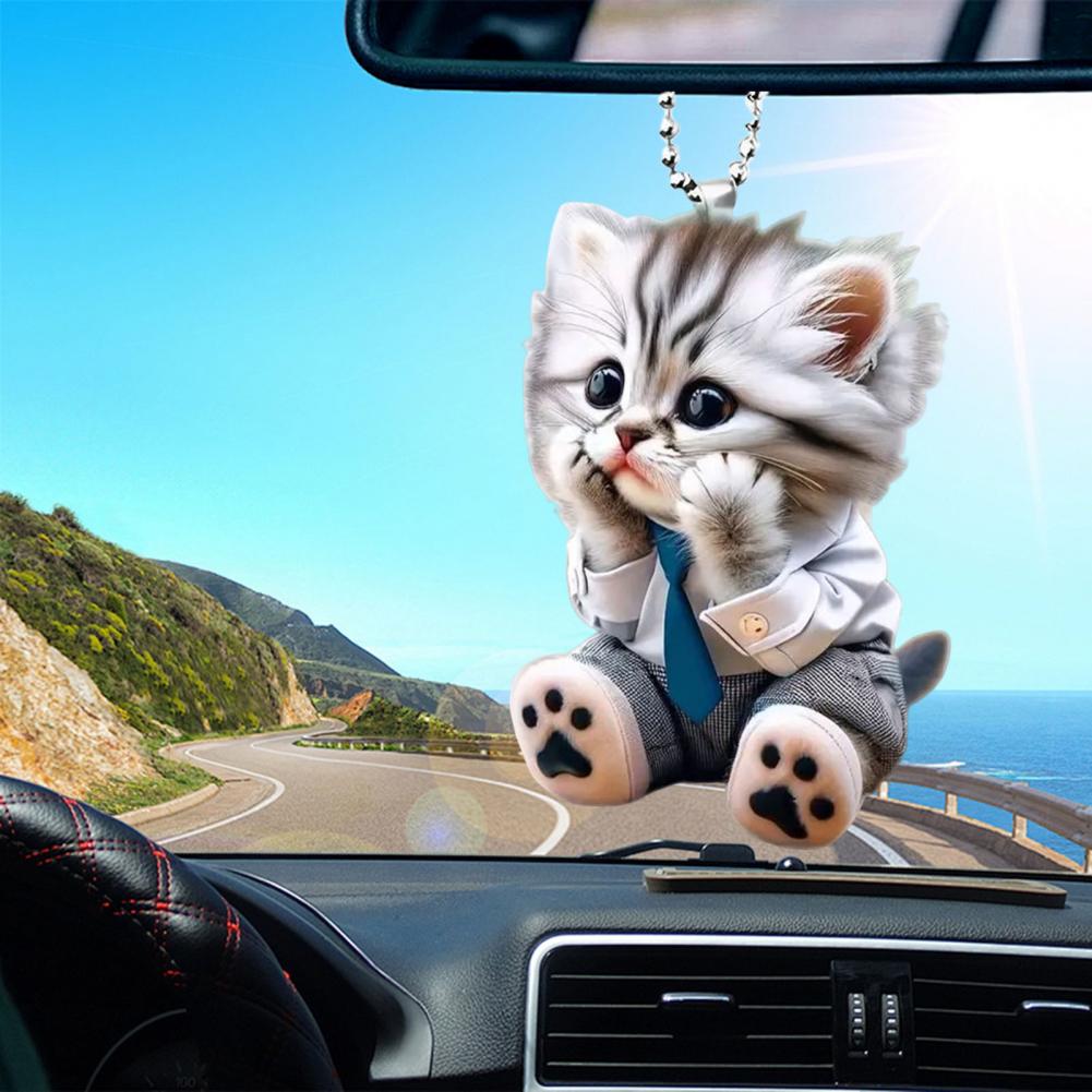 Car Pendant Hanging Ornament With Chain Realistic Animal Cat-Shaped Rearview Mirror Hanging Decor Car Interior Accessories