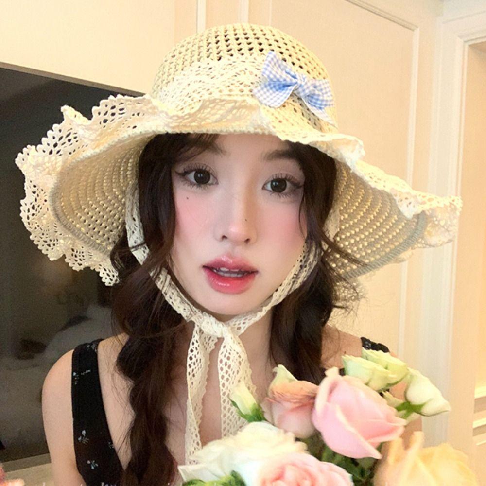 French Style Lace Bucket Hat Sweet Women's Sun Hat Sunscreen Bow Ribbon Straw Hat Girls