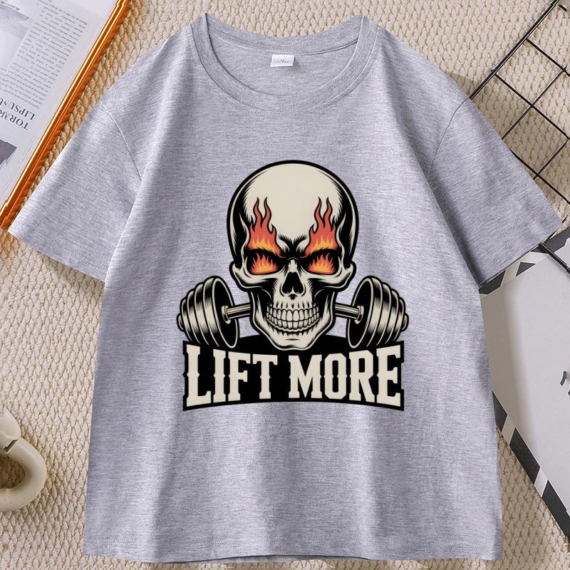 Flaming Skull Lift More T Shirt for Unisex Fire Eyes Gym Tshirt Casual Cotton Shortsleeved Tshirt WOMEN Clothing Ropa Hombre Tops