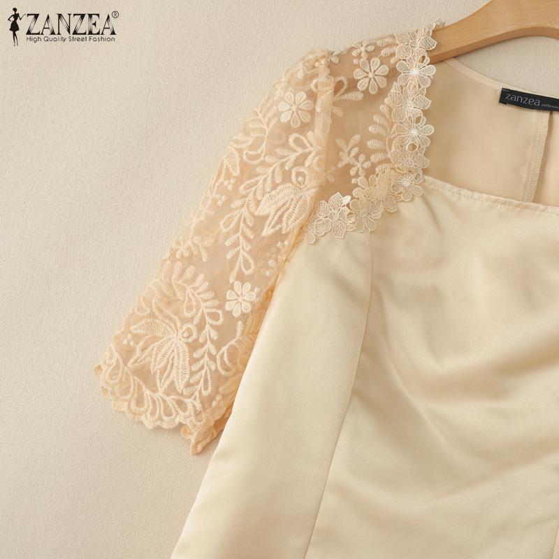 ZANZEA Женская повседневная атласная блузка с квадратным вырезом, кружевной вставкой и рукавами до локтя