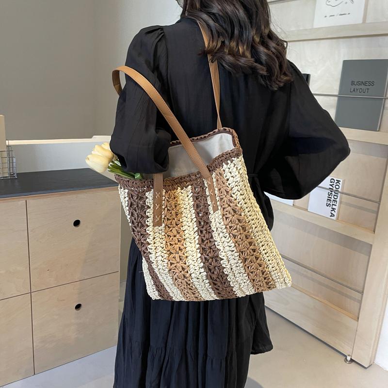 Соломенная сумка большой емкости, женская сумка для подмышек, полосатая сумка-тоут