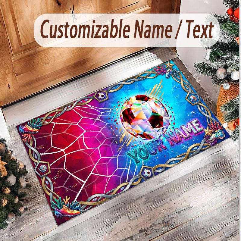 Soccer Theme Soft Crystal Velvet Rug Custom Name & Text Print Non Slip Floor Rug for Bedroom Living Room