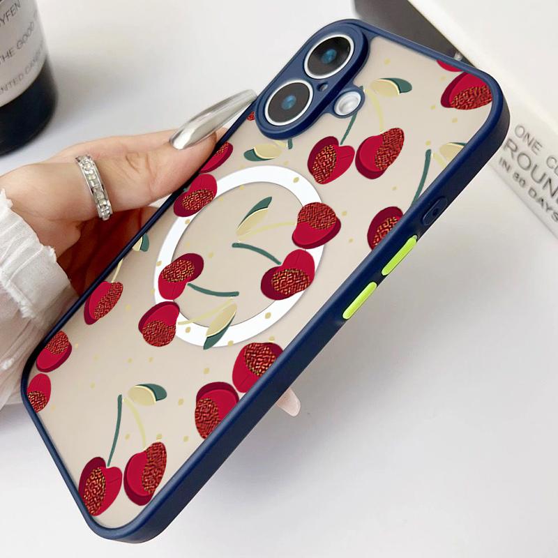 Cherry Pattern Magnetic Shockproof Phone Case for iPhone 16 15 14 Plus 13 12 Pro Max 11 Acrylic Hard Clear Plain Color Soft Edges Lens Protection Case
