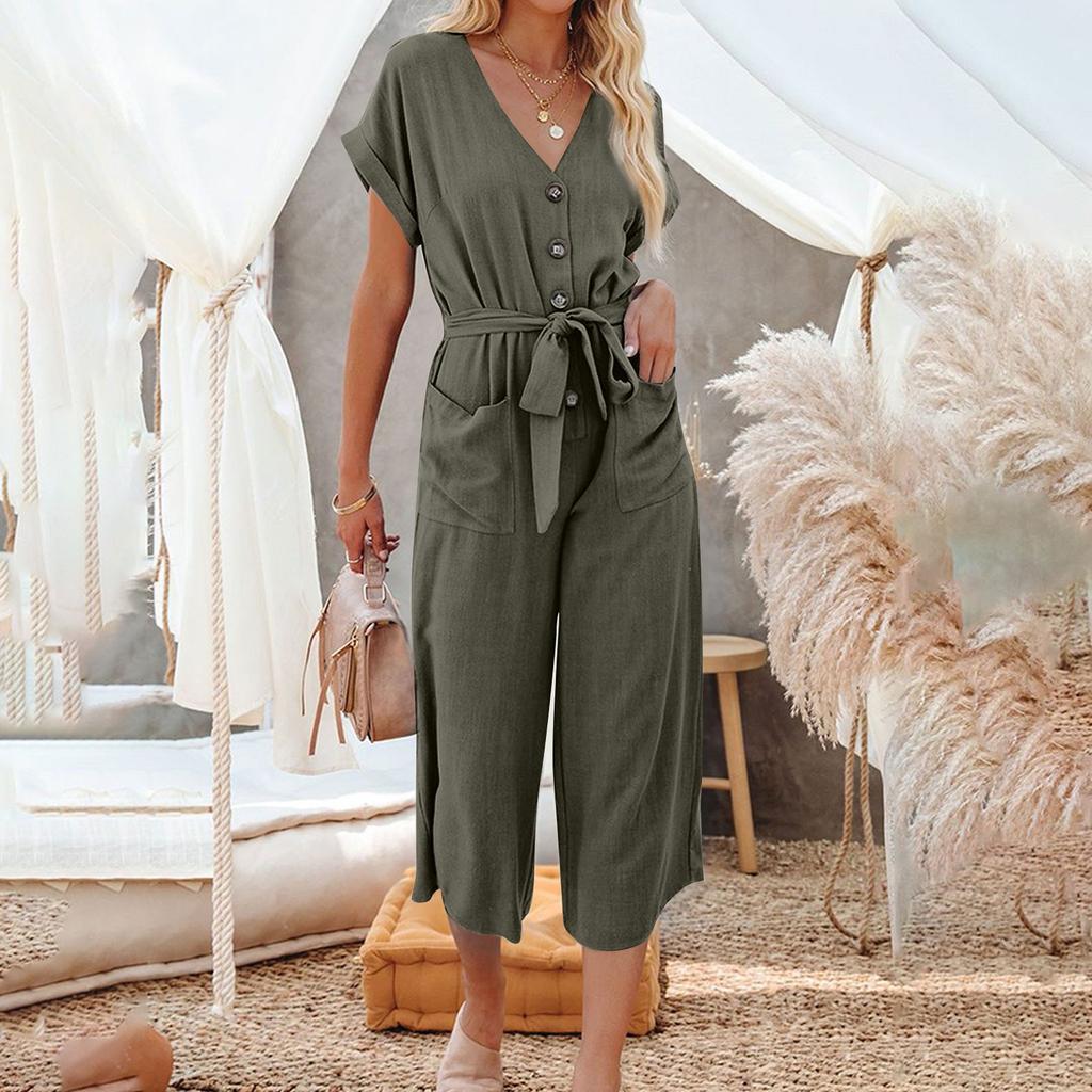 Women Summer Fashion Button Belted Wide Leg Jumpsuits With Pockets Solid Color Short Sleeves V Neck