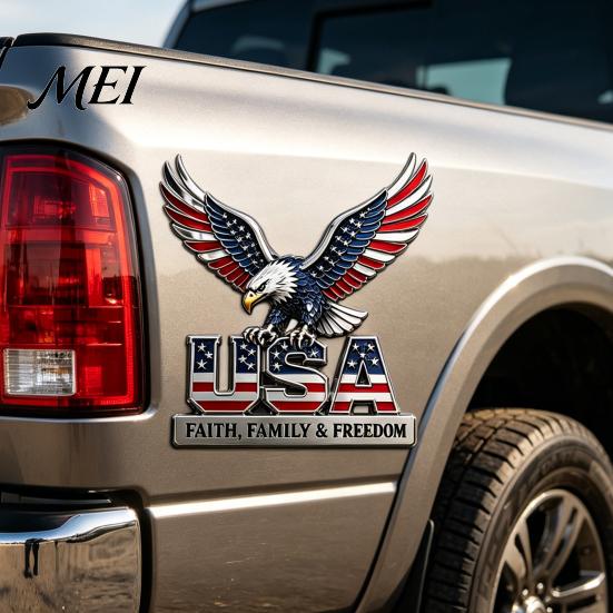 UV-proof Car Decals USA Faith, Family & Freedom Metal Emblem, Eagle Letters Patriotic Edition 3D Red Blue Flag Sticker 250th Anniversary Auto