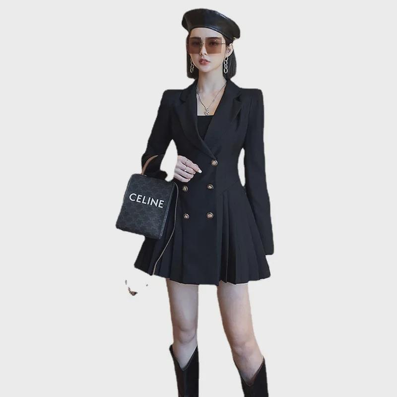 2025 Весна/Осень Корейское двубортное платье в западном стиле с длинными рукавами