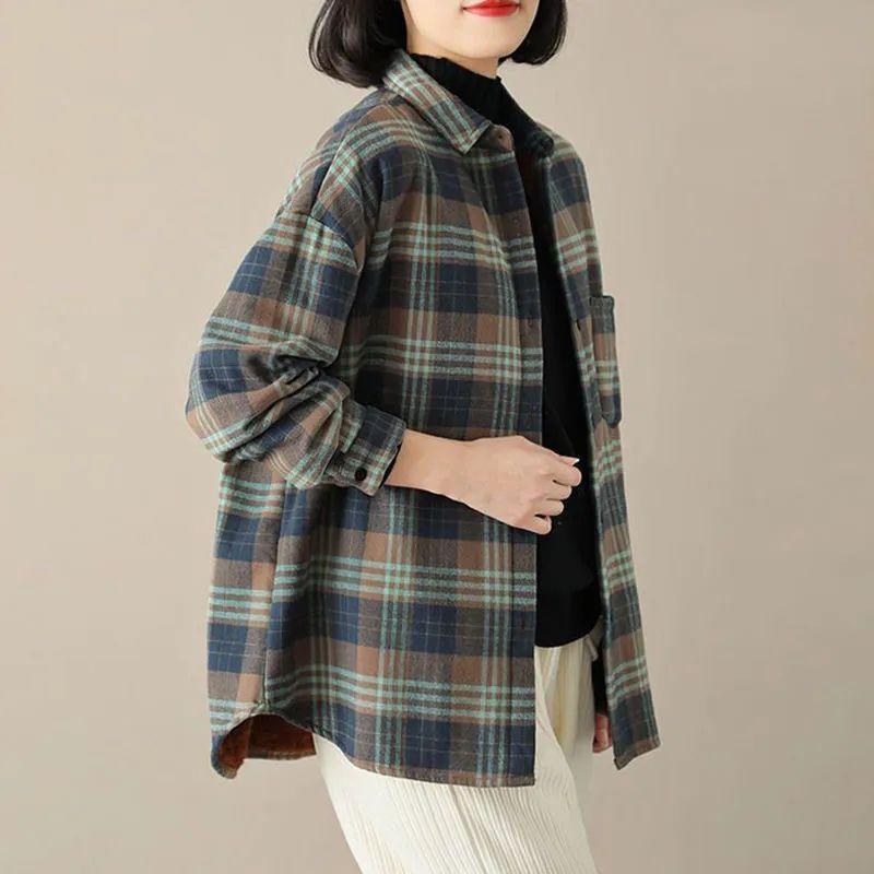 Casual Loose-Fitting Plaid Cotton Shirt for Women, Perfect for Autumn