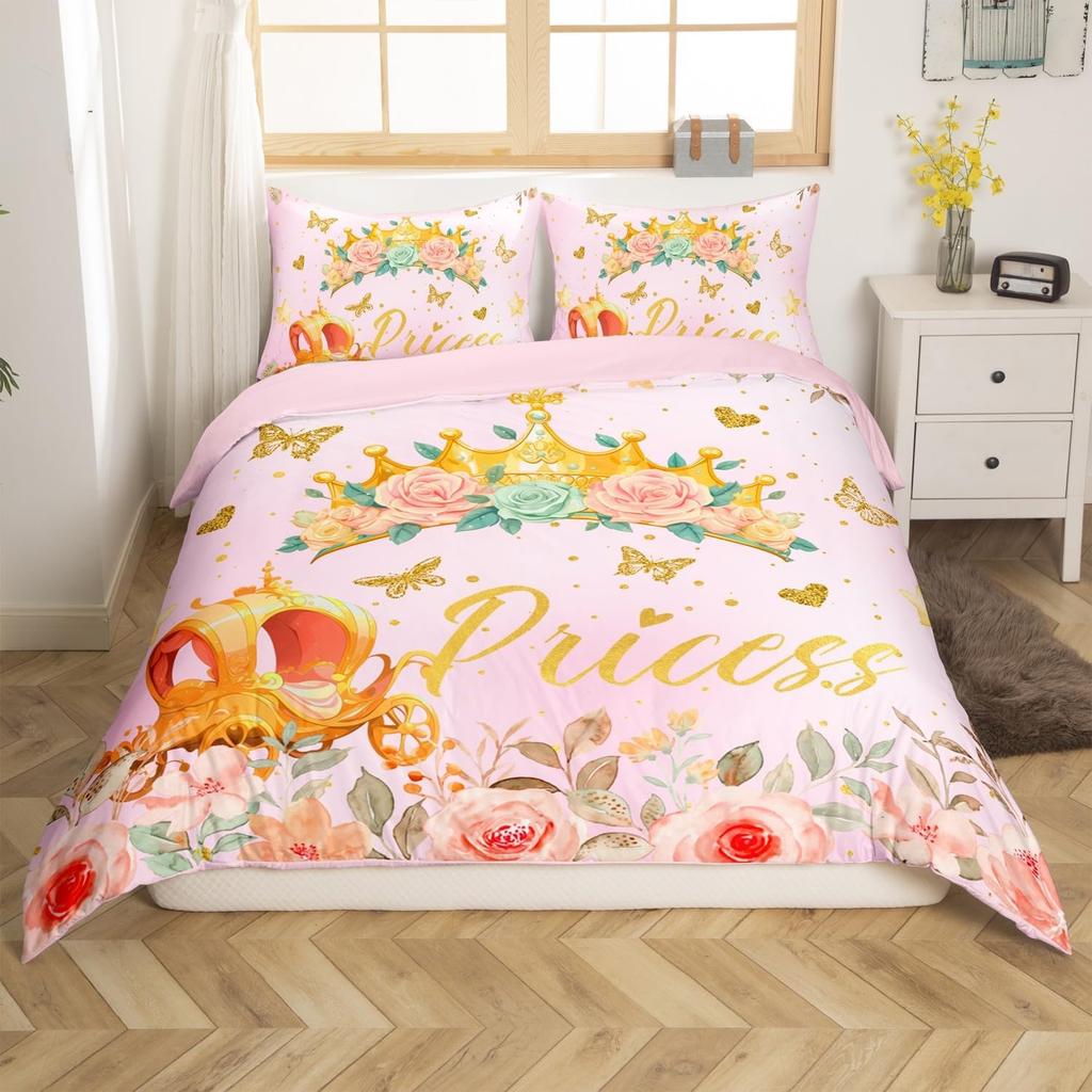 Fairy Tale Castle Bedding Set Twin QueenGirly Golden Castle Silhouette Duvet CoverBlooming Flowers Botanical Comforter Cover
