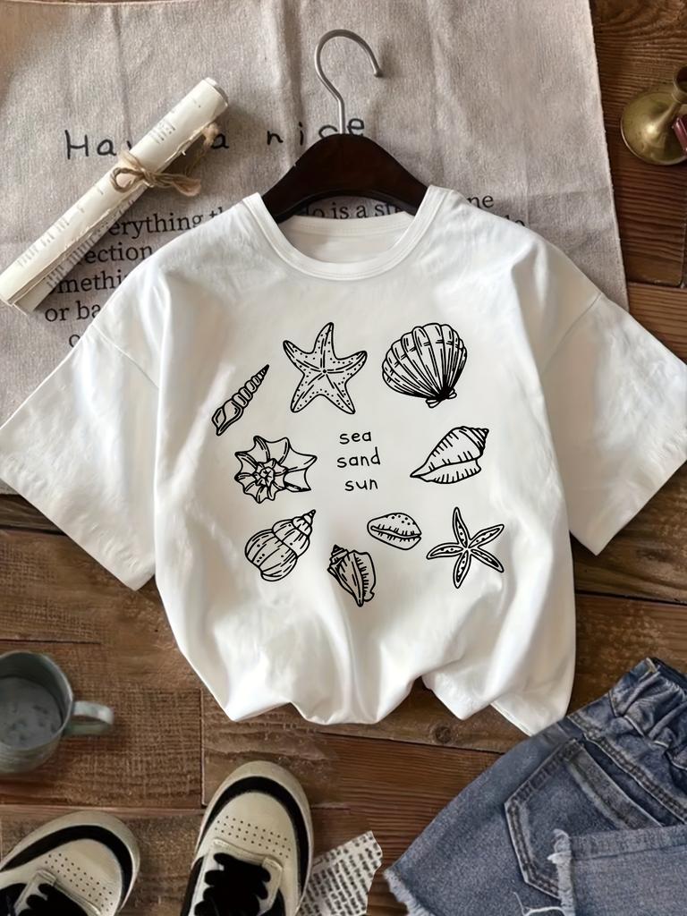 Sea Sand Sun Shell T Shirt Unisex Sea Shell Starfish Graphic Tee Summer Short Sleeve Aesthetic Beach Vacation Fashionable Tops