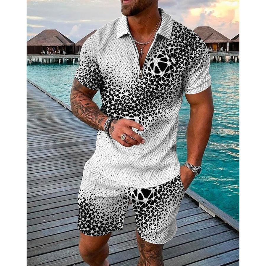 Контрастные летние мужские костюмы с лацканами, застежкой-молнией и принтом, короткий рукав, футболка, комплект из 2 предметов, повседневные шорты с карманами, спортивные костюмы, мужские спортивные комплекты из двух предметов