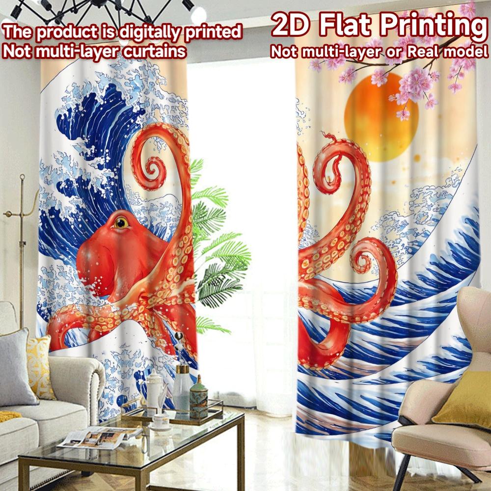 2D FLAT PRINTING 2pcs Curtains (Without Rod) Octopus and Ocean Waves Chic Curtain Chic Durable 100% Polyester Fabric Curtains