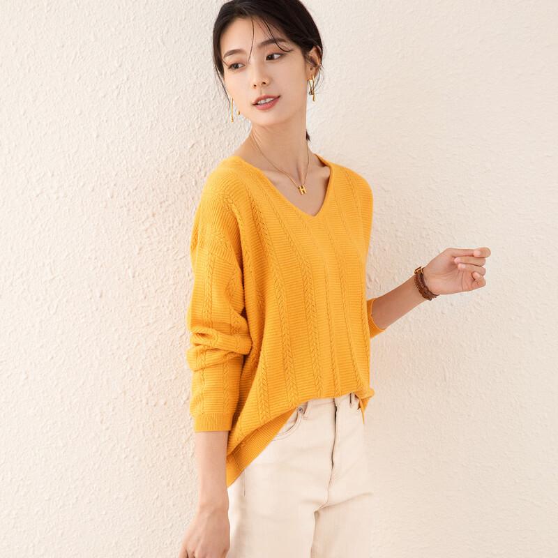 TUHUANG Women's 100% Pure Wool Textured V-Neck Sweater