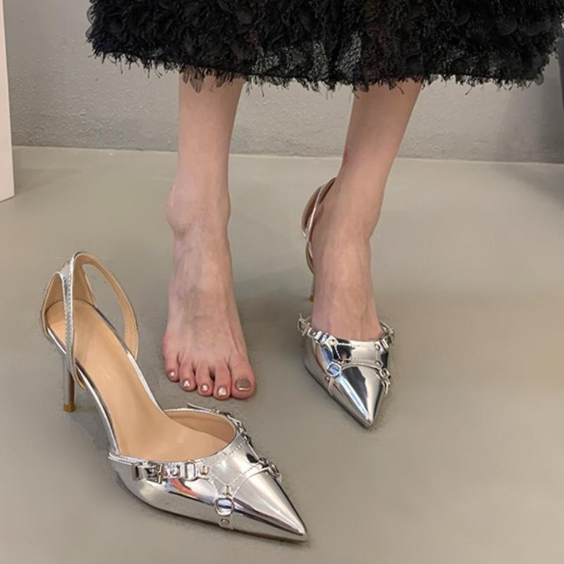 Модные серебристые босоножки на высоком каблуке Женские Летние 2025 Панк Готика Остроносые Вечерние Туфли Женские Металлические На Тонком Каблуке Туфли-Лодочки Женские