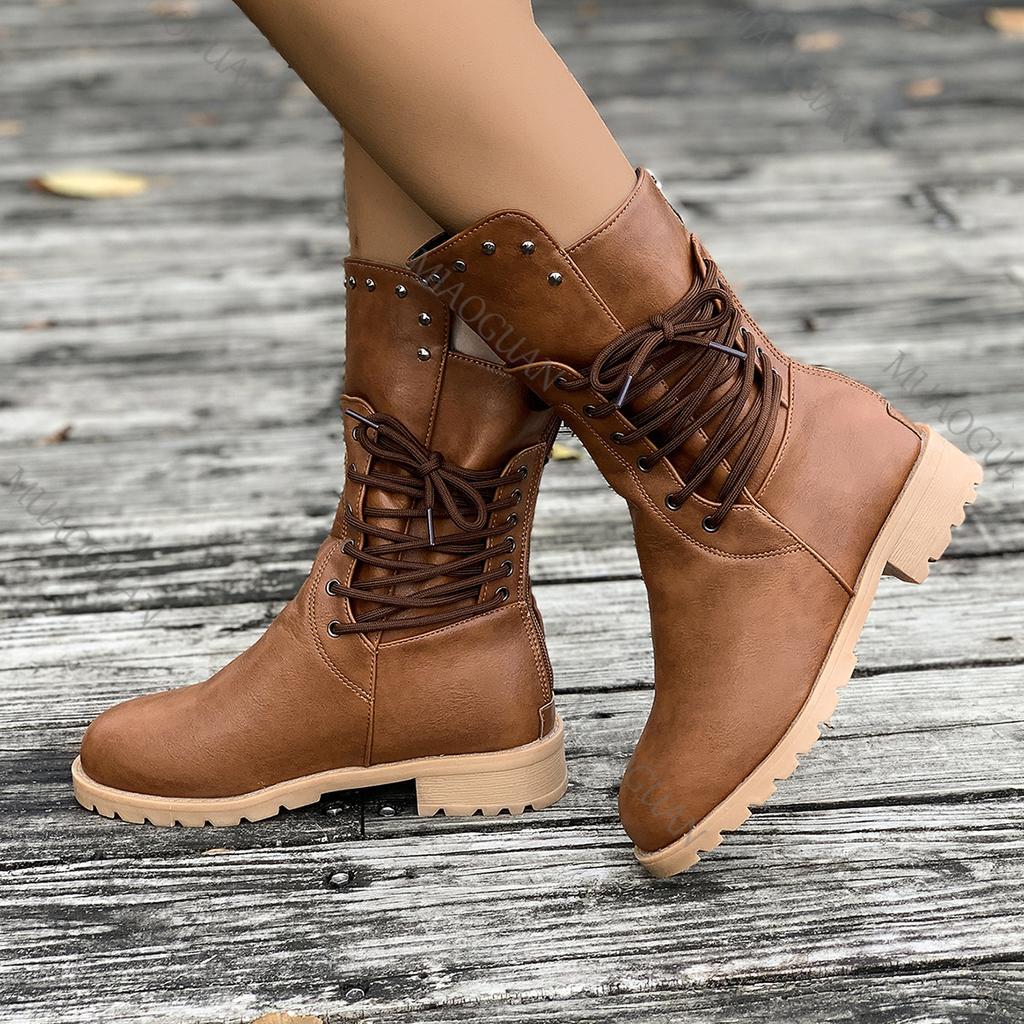 Fashion Short Boots Women Autumn and Winter New Retro Rivets Knight Boots Female Lace Up Thick Low Heel Round Head Solid Bota Feminina