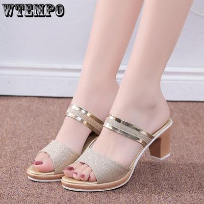 Женские туфли на высоком каблуке из ткани с блестками и пряжкой, крутые летние туфли на высоком каблуке, повседневные туфли на высоком каблуке с открытым носком, женские туфли на высоком каблуке