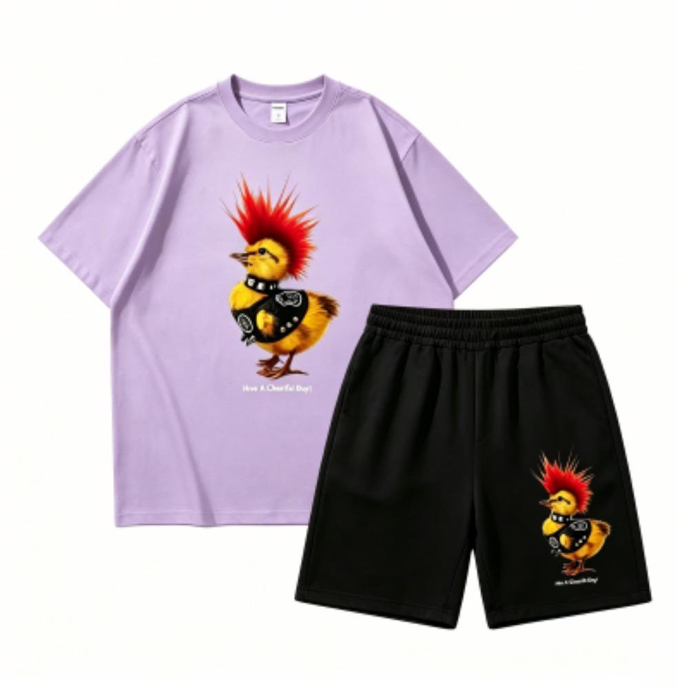 Kids Punk Chicken Fun Printed 11 Colors Outdoor Street Kids T-shirt and Shorts 2 Piece Set Summer Home Casual Outfit Boy and Girl's Sports Set