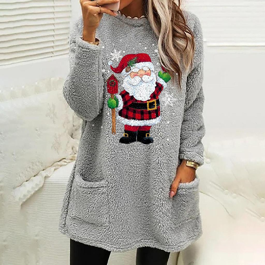 Cross-border Women's Christmas Grandpa Print Plush Hoodie with Pockets