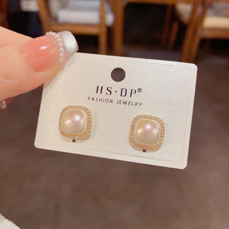 Delicate Square Red Zircon Pearl Stud Earrings Women Versatile Jewelry