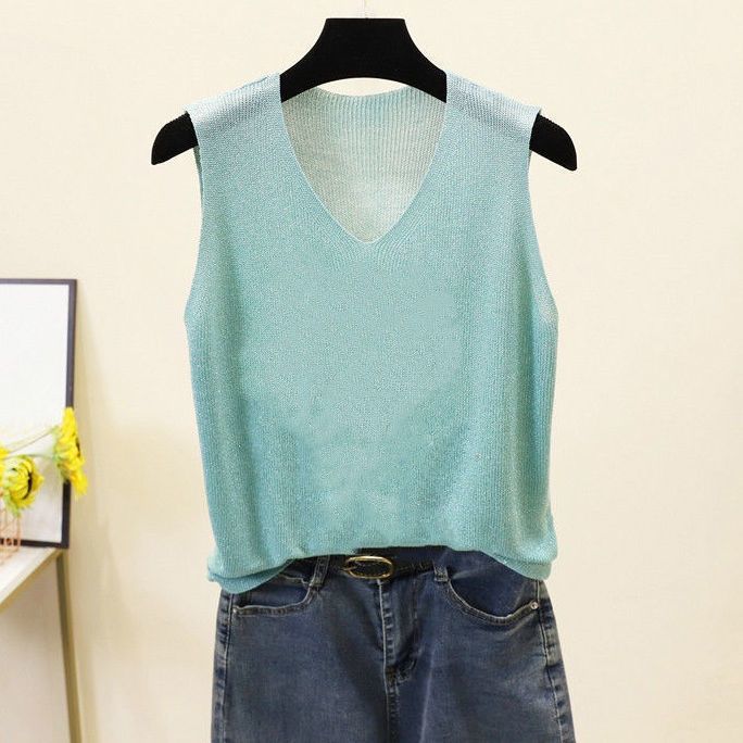 Свободный внутренний плюс плюс без рукавов шелковый трикотажный топ со стразами V-образный вырез майка женская летняя