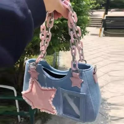 Модная сумка-тоут Underarm Harajuku Star Denim Bag Y2K Vintage Shoulder Bag Chain Ladies Bags Zip Wallets Handbags Women