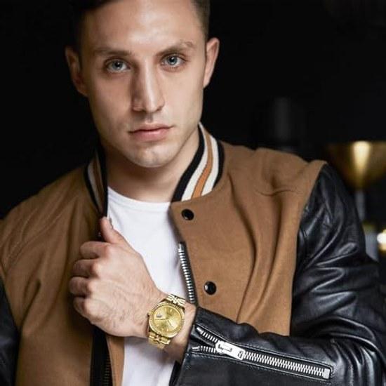 BUREI Mens Wristwatch Automatic Mechanical Waterproof Analog Male Popular Business Date Brand Gold Stylish Simple Luminous Watch