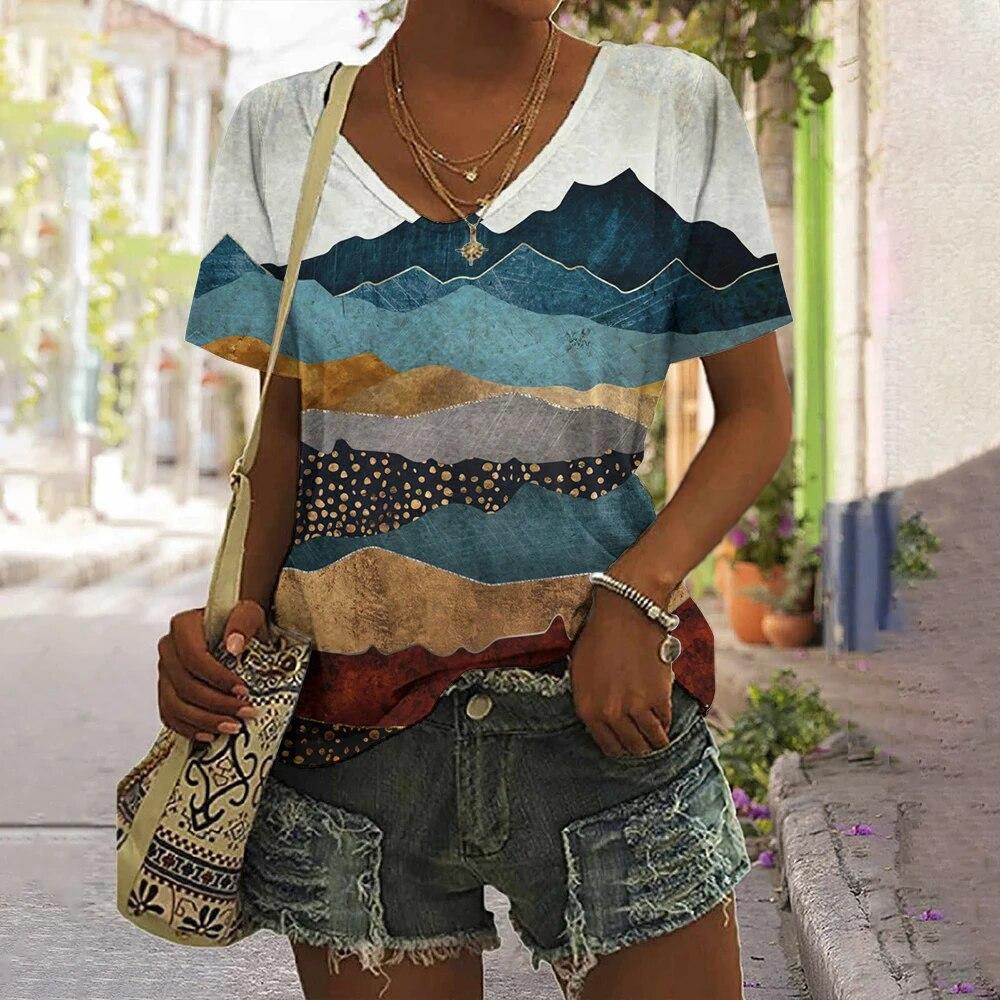 Полосатая футболка для женщин, новая простая одежда, повседневная футболка с v-образным вырезом и короткими рукавами, женская футболка в стиле Харадзюку в стиле ретро с принтом, летняя